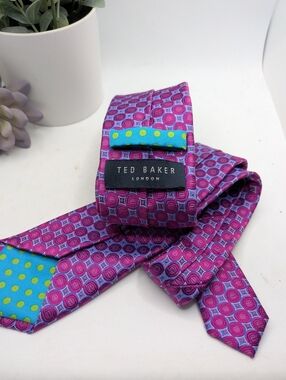 Ted Baker London 100% Silk Geometric Medallion Tie - Pink & Blue Turquoise